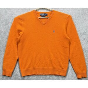 VTG Polo Ralph Lauren Sweater Mens Large Orange Lambs Wool Pony V Neck Pullover